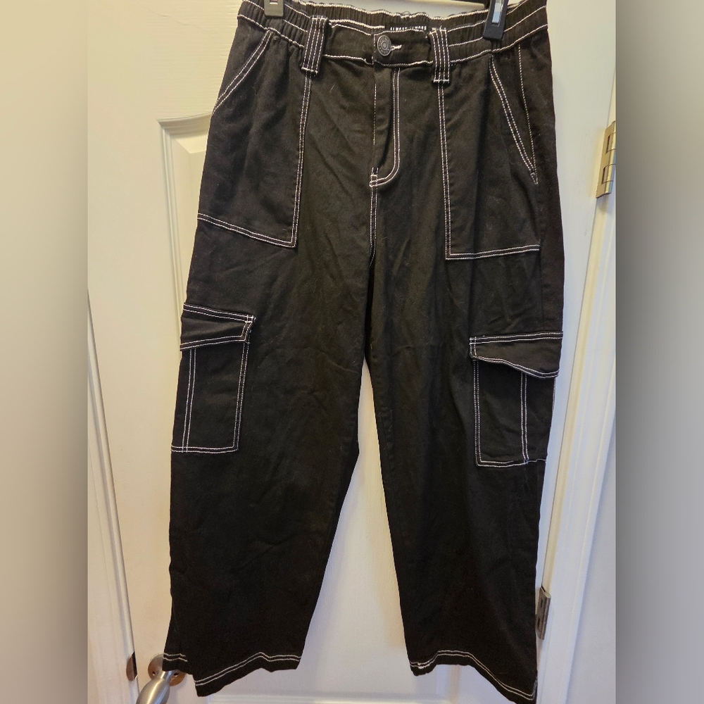 Almost Famous Black Cargo Pants with White Stitching. Elistic Waist. Never Worn.